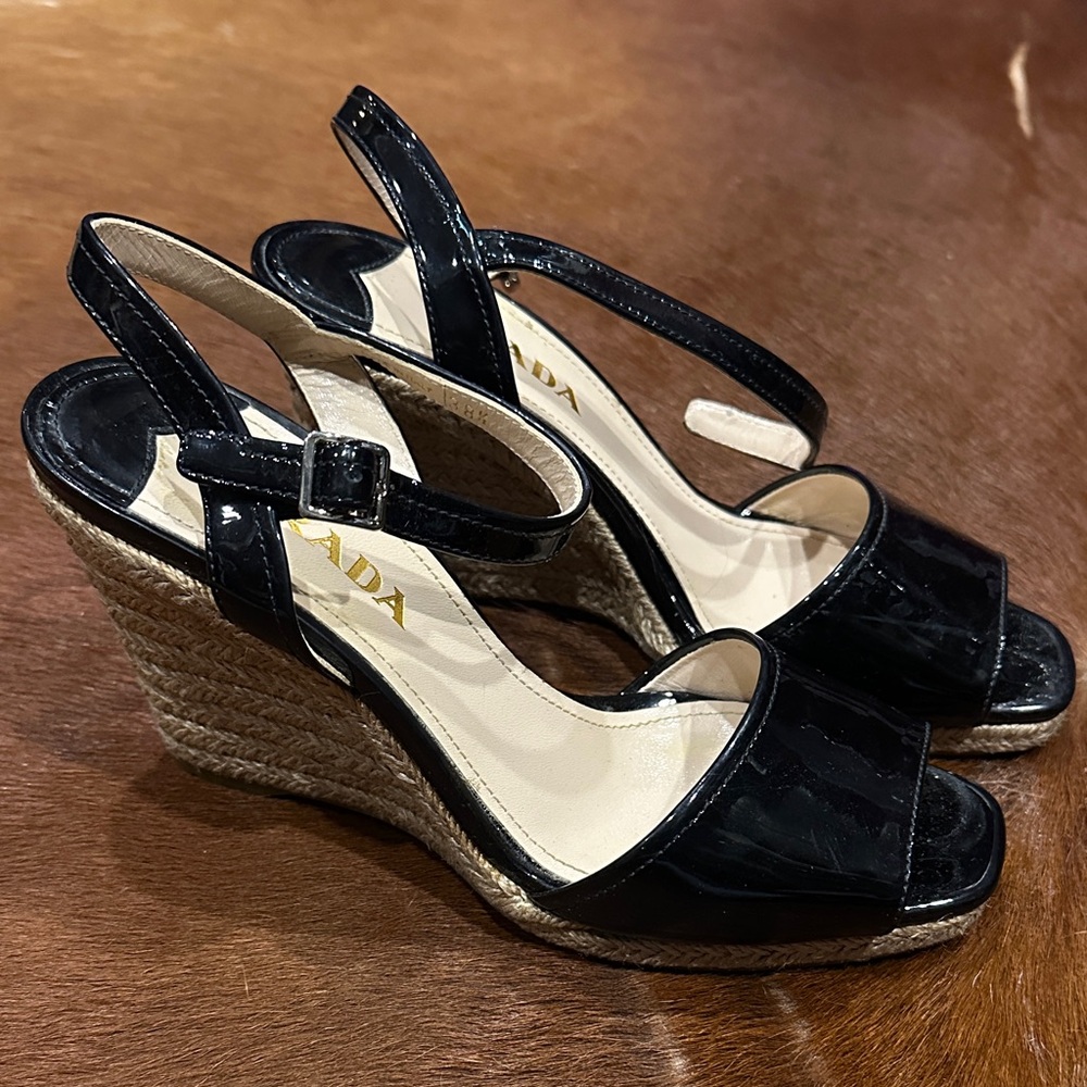 Prada Black Patent Leather Wedges